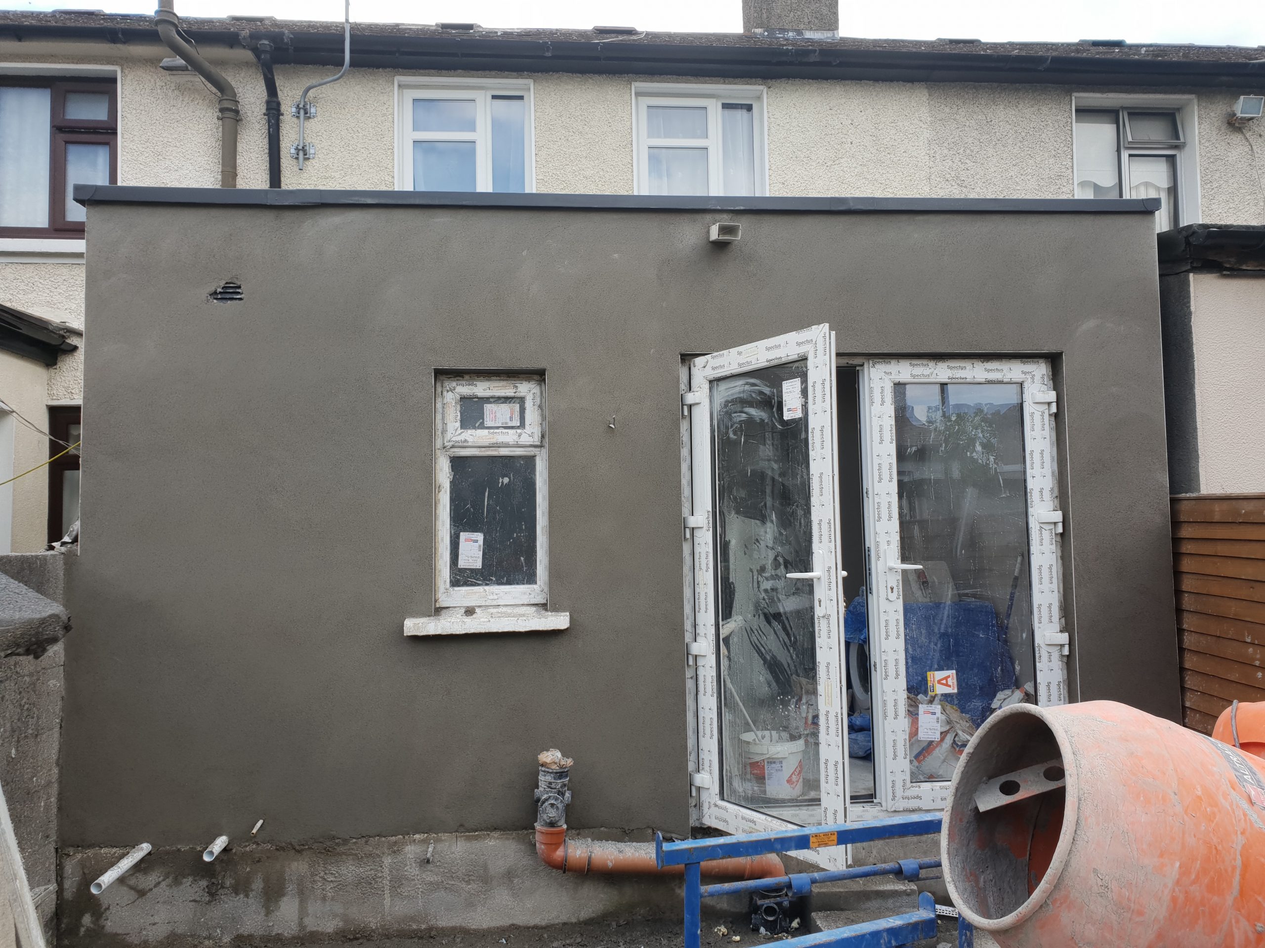 House extension render finish being applied, work in progress